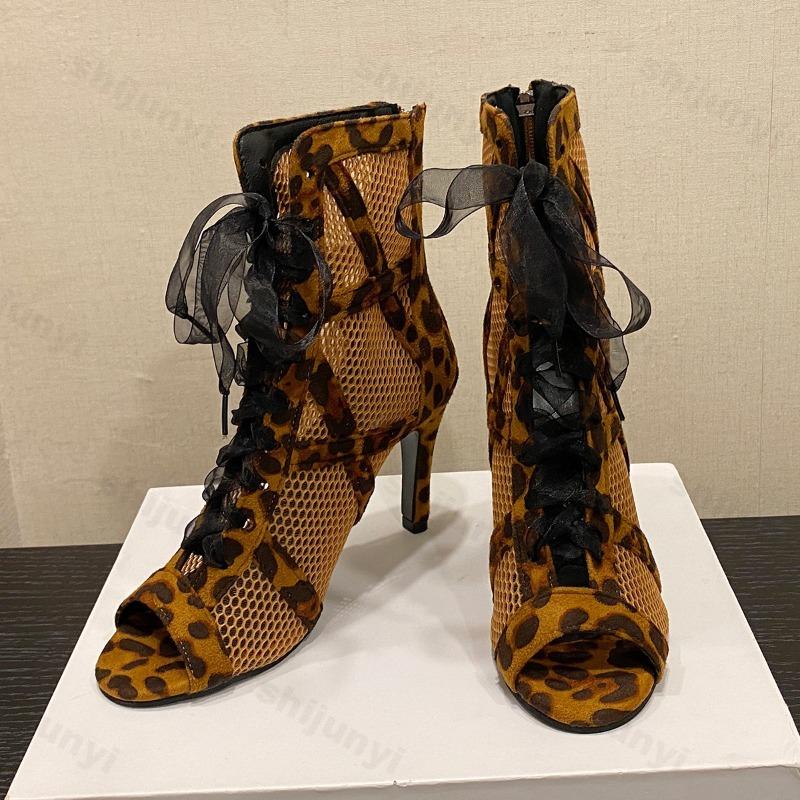 Fashion Female Shoes Leopard Print 2025 Peep Toe Women's Sandals Mesh Ankle Boots High Heel Fishnet Boot Ladies Lace Latin Dance Shoes