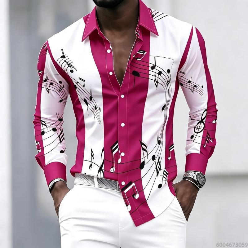Men's Collared Shirt with Creative Musical Note Print, Trendy Long-sleeved Casual Top for Everyday Wear, Dates, and Outings.