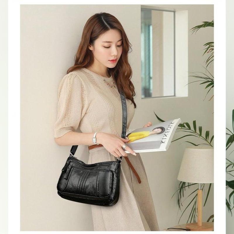 Retro Soft Leather Shoulder Bag Multi Pocket Solid Color Crossbody Bag Perfect for Business Trips Grocery Shopping