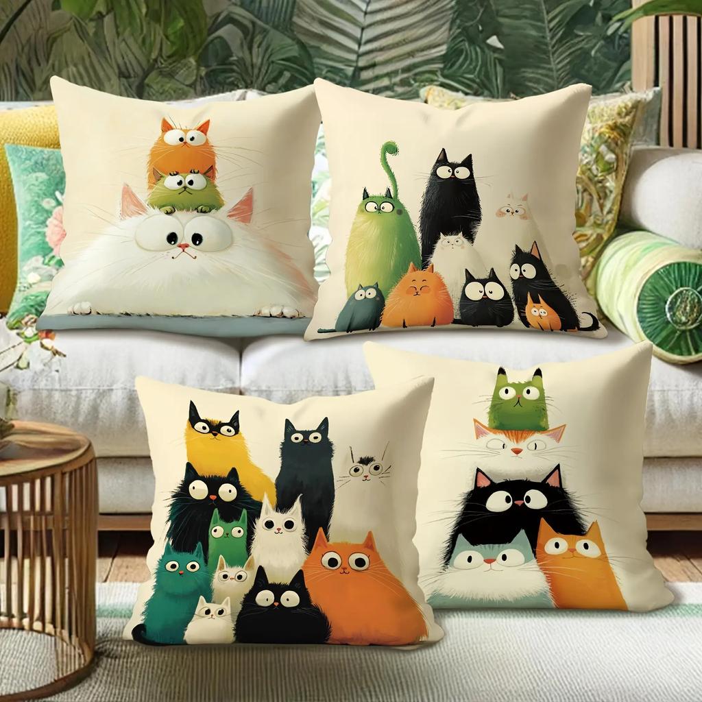 4Pcs Cute Cartoon Cat Design Digital Printing Pillow Cover Short Plush Suitable Living Rooms Bedrooms Sofas Throw Cushion Cover
