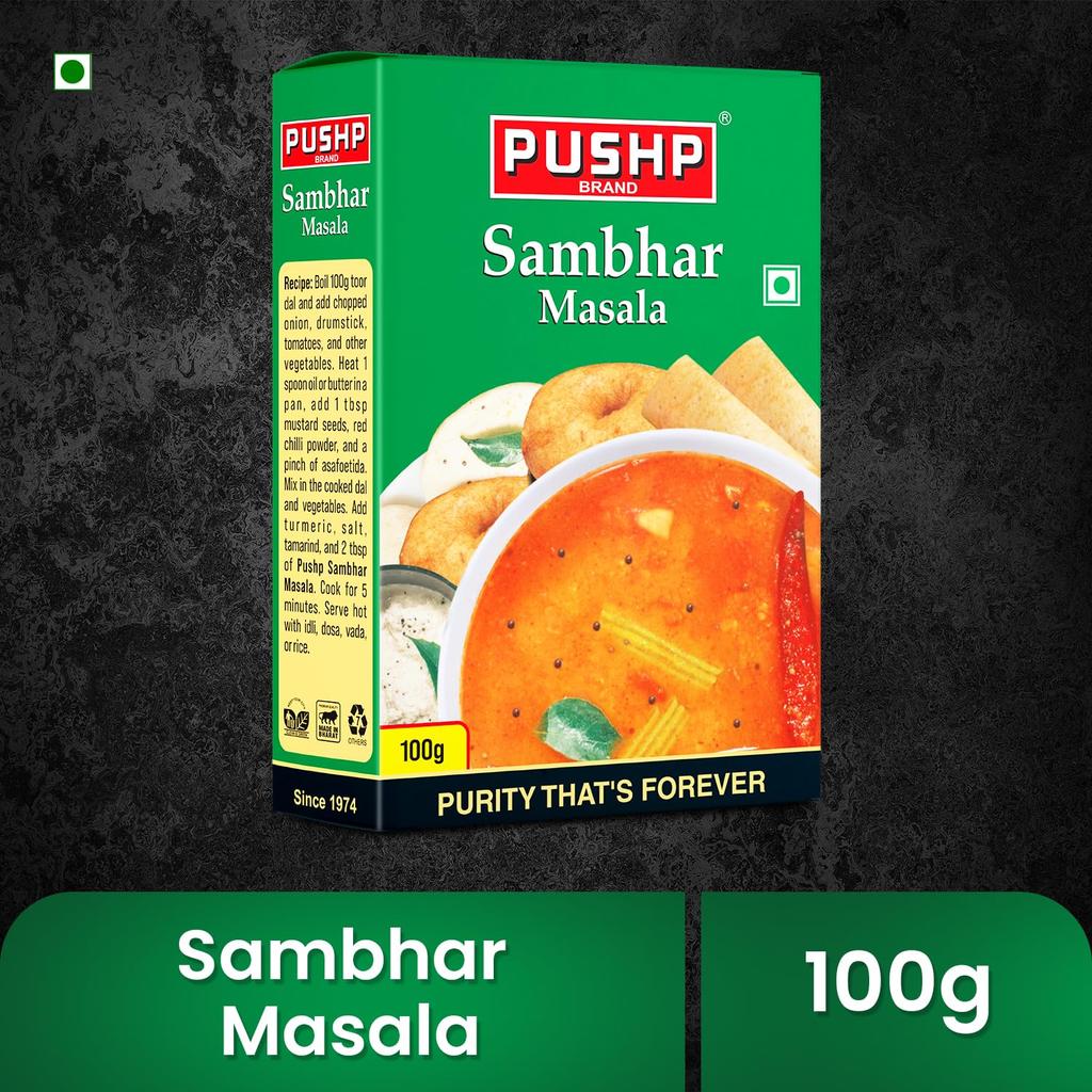 Pushp Sambhar Masala Powder 100g Pack Of 1 Traditional South Indian Spice Blend For Authentic Homemade Taste And Aroma