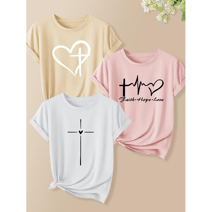 Three-piece set of women's Christian cross and heart letter print short-sleeved shirts 2025Autumn fashion trend: retro round neck, cute style T shirt