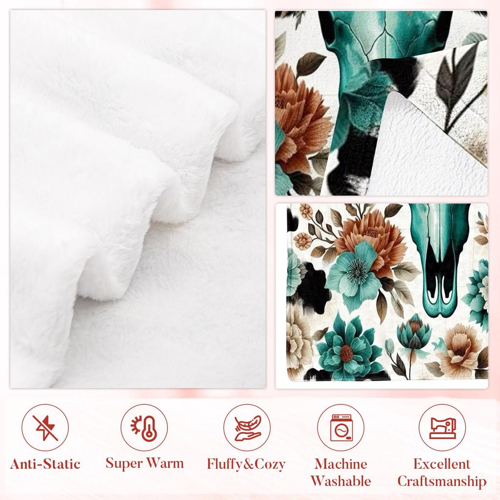 Western Cow Skull Floral Flannel Throw Blanket Teal Flower Cowhide Print Rustic Farmhouse Decor Blanket