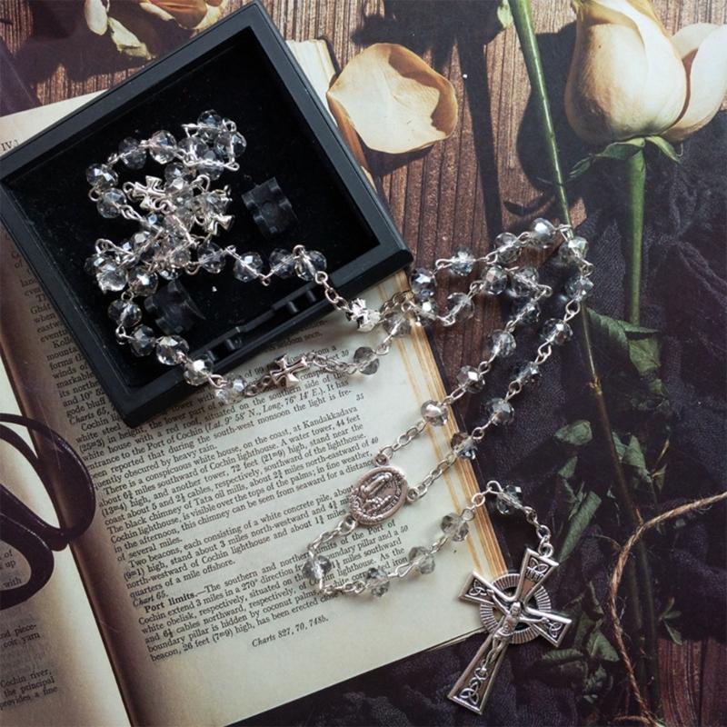 Gray Crystal Rosary Necklaces Catholic Crucifix Cross Pendant Long Necklaces Religious Jewelry for Women Men Gift