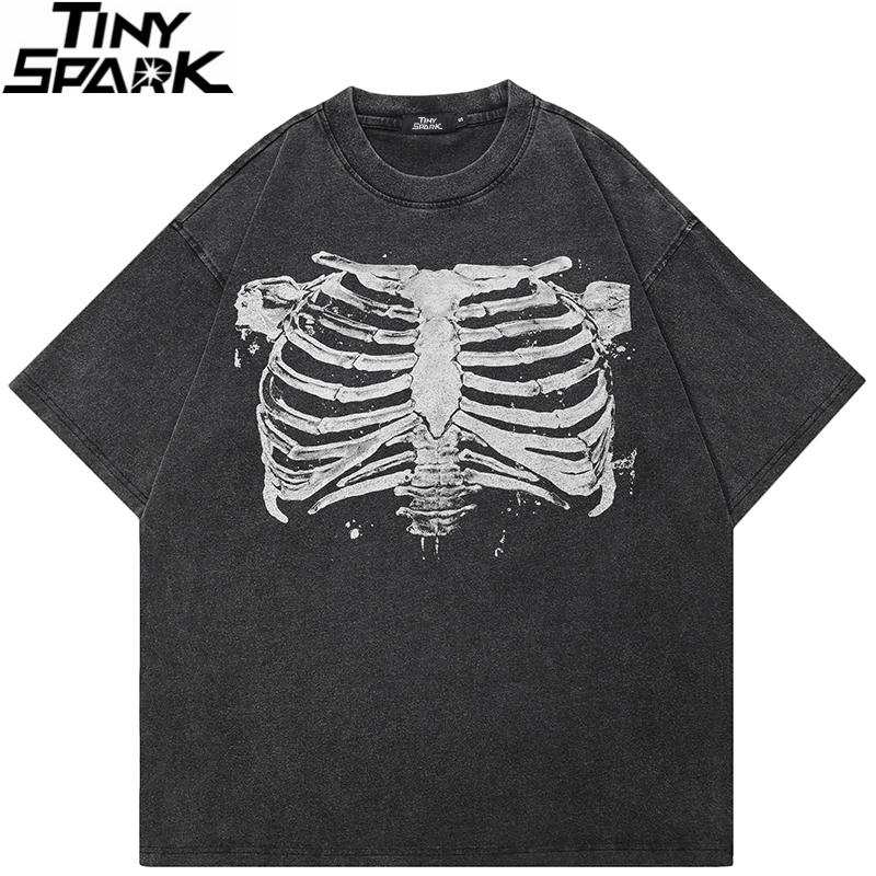 Hip Hop Wyblakły Czarny T-shirt Streetwear Szkielet Graficzny T-shirt Bawełna Hipster Męski T-shirt Unisex Topy Koszulki Nadruk z Tyłu