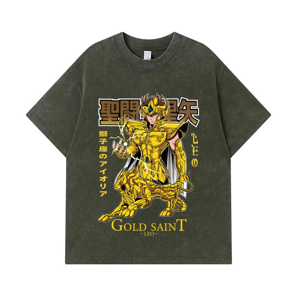 

275 GSM Washed T-shirts 100% Cotton Saint Seiya V22 Leo Print Unisex Heavy Cotton T Shirt S армия зеленый
