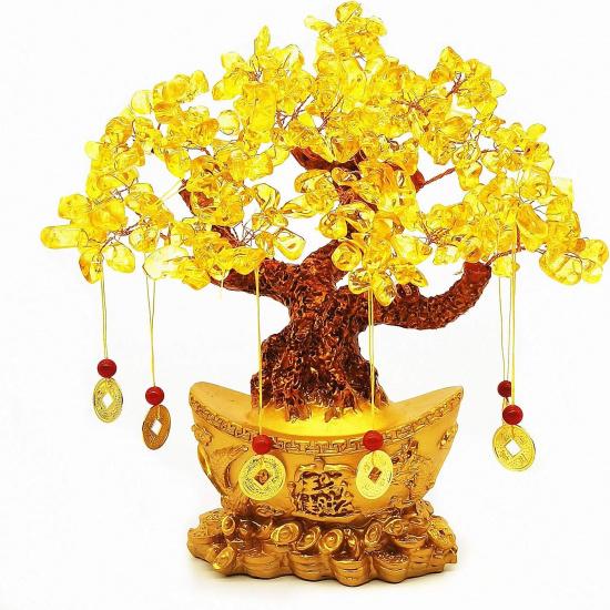 Feng Shui Yellow Quartz Crystal Tree, Bonsai Style Money Trees Decoration for Luck and Wealth (Yuan Bao)