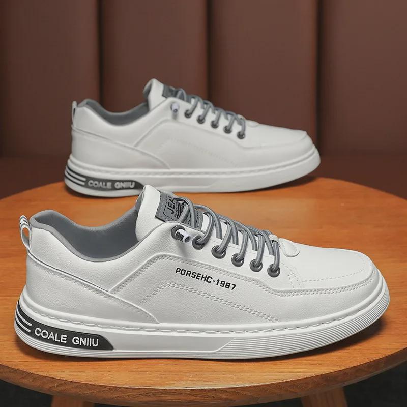 Men's Trendy Summer White Waterproof Leather Sneakers - Breathable, Casual, All-Match Low-Top Design