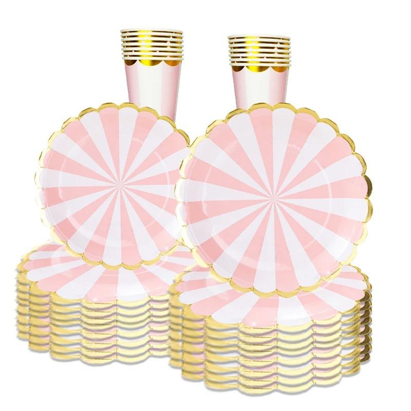 

10 гостей, одноразовая посуда в розовую полоску, золотые кружевные бумажные тарелки, салфетки для детского душа, товары для вечеринки с днем ​​рождения для девочек