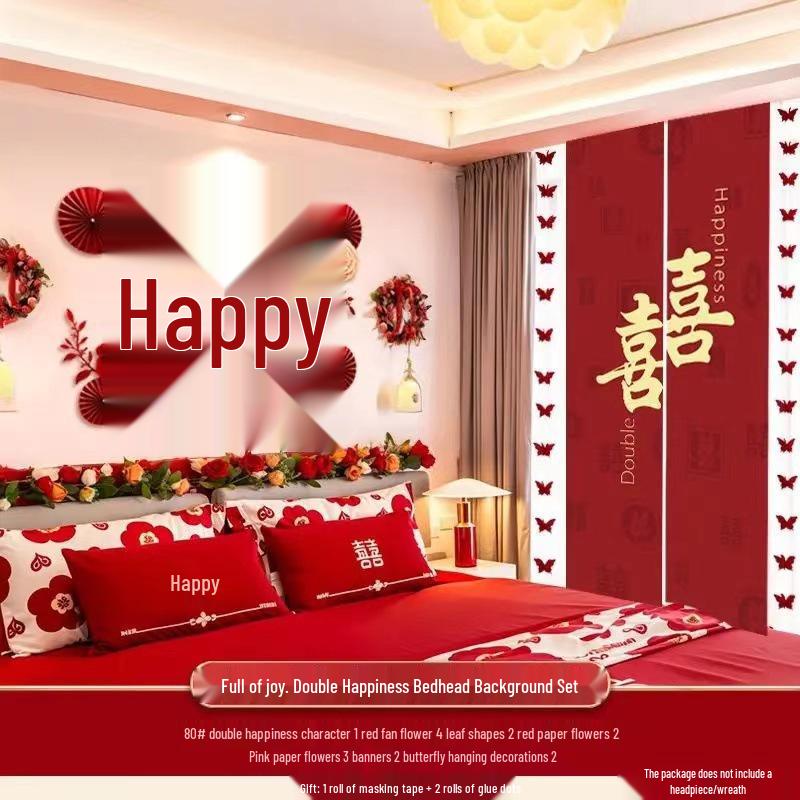 Wedding Room Decor: Double Happiness Banner for Bedroom Headboard & Curtains.