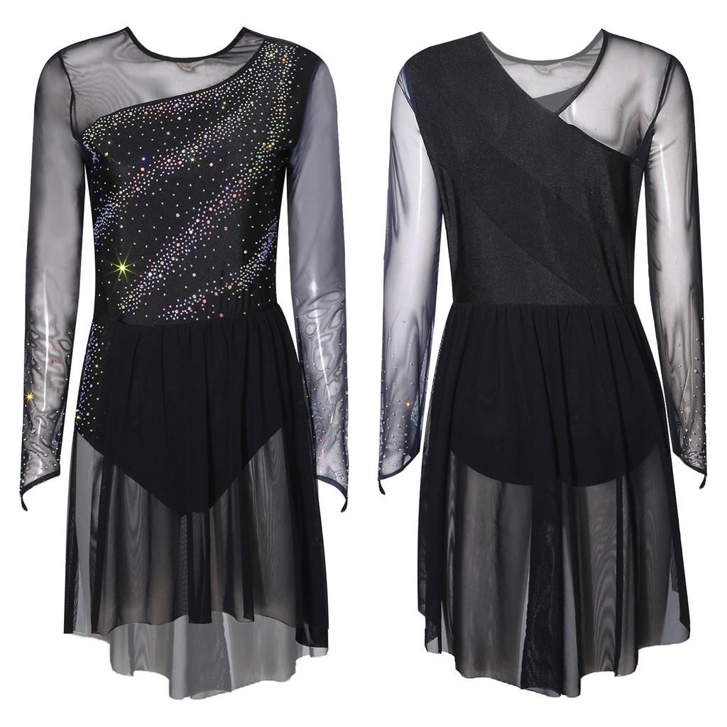 Kontrastfarbener Strass-Tanzbody für Damen S-XXL: Gradient-Netzrock Einteiler-Design für Eiskunstlauf Gymnastik