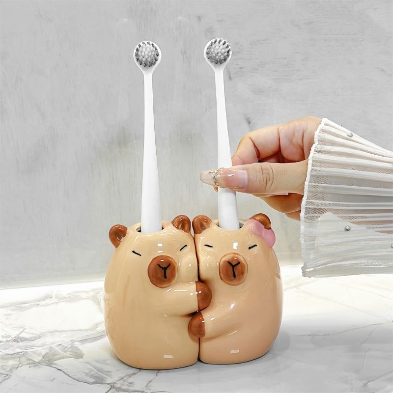 2Pack Ceramic Capybaras Toothbrush Holder Set For Couple Cute Animal Shapeds Bathroom Countertop Organizers