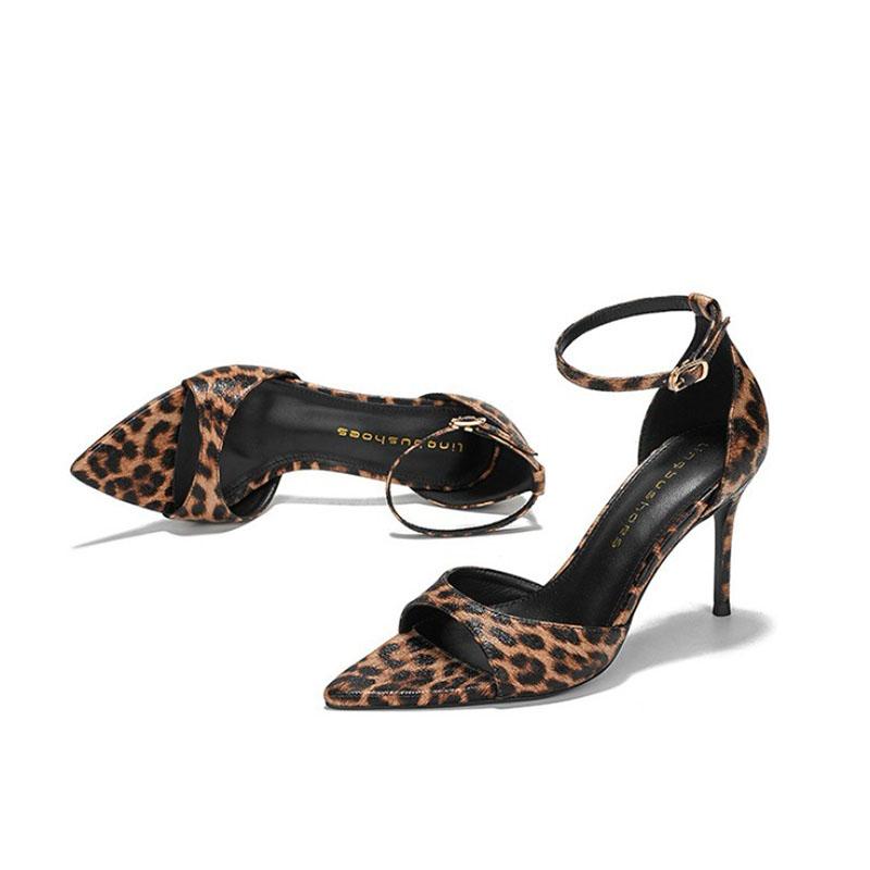 Mote Leopard Høye Hæler Kvinner Slanke Hæler Sandaler Sexy Svarte Skinn Spisse Sandaler for Damer