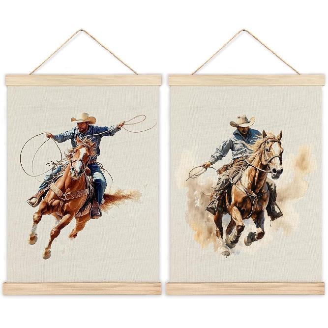 LZYRF Vintage Western Cowboy Wall Art Poster Framed, Western Room Decor, Rustic Country Wild West Horse Rodeo Cowboy Canvas Prints Wall Decor for