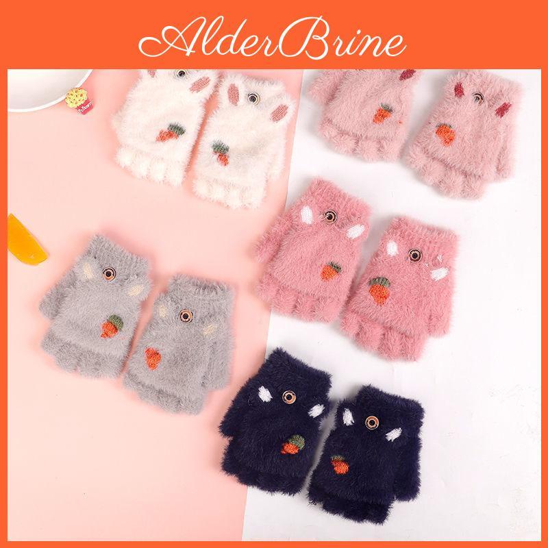 Winter Kids Gloves Warm Cute Faux Fur Knit Boy Girl Children Glove Cartoon Half Finger Flip Cover Outdoor Mittens 37y
