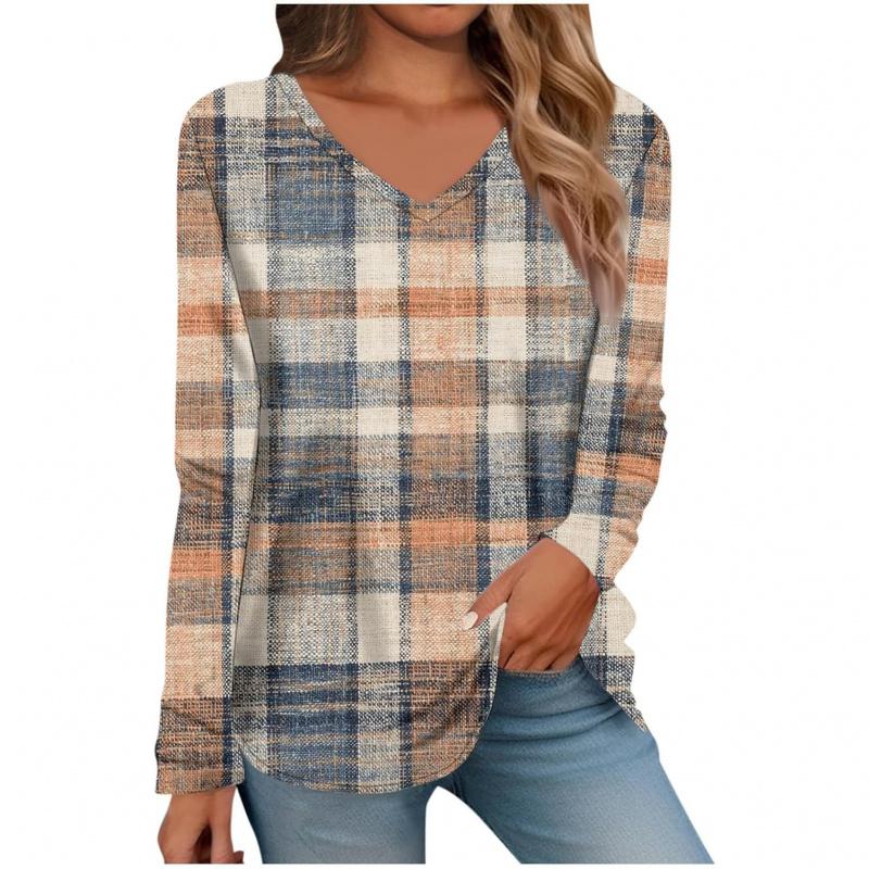 Women's V-neck Long Sleeve T-shirt with Print V-neck Top
