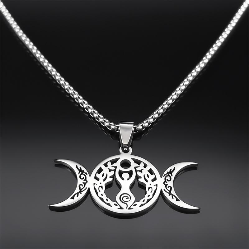 Triple Moon Goddess Luna Necklace Stainless Steel Silver Amulet Hecate Chain Jewelry for Women Men N9736S02