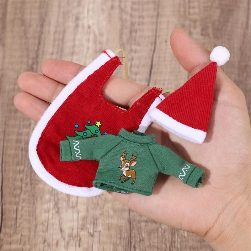 Adorable Doll Clothes Headwear Designed For Dollhouses Figures Santa Hat And Green Top Display Photo Props