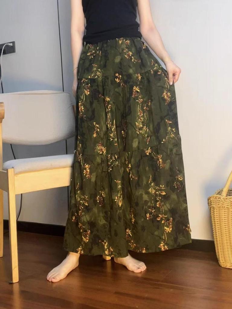 Women's Floral Print Cotton-Silk Elastic Waist Skirt - Southeast Asian Style for Spring and Summer