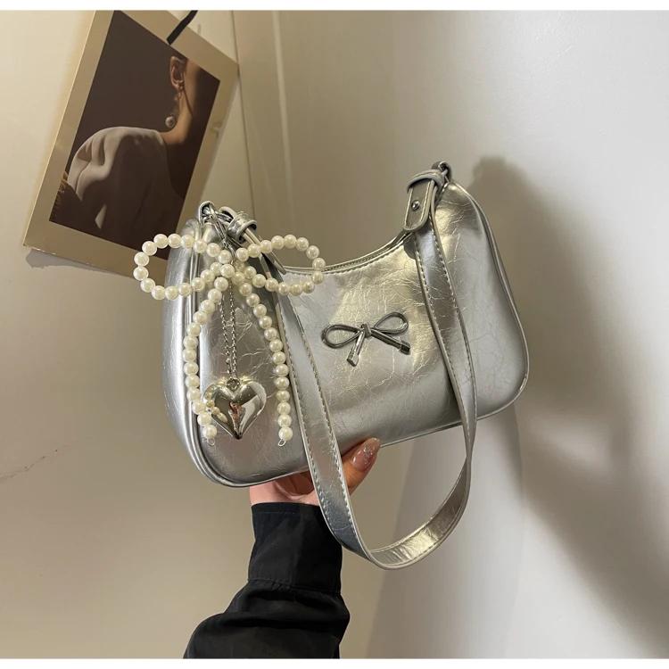 Chain Zipper Pu  Popular Shoulder Bag Sewing Thread Solid Color Bow Fashion Crossbody Bag Soft Versatile Women's Handbag