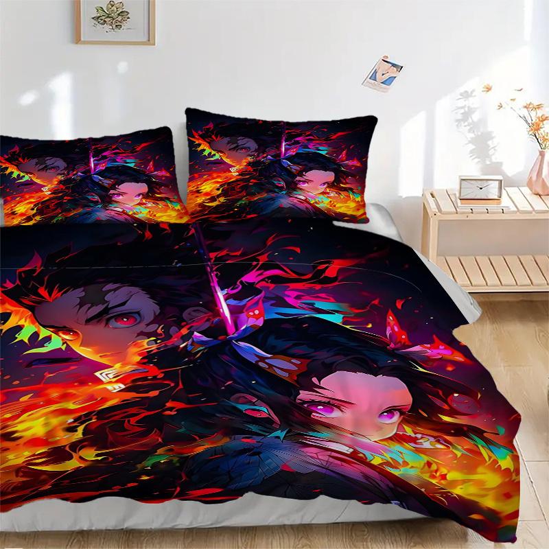 3pcs Flaming Anime Characters Printed Quilt Set - Includes 1 Quilt Cover and 2 Pillowcases, Machine Washable - Suitable for All Seasons.C037