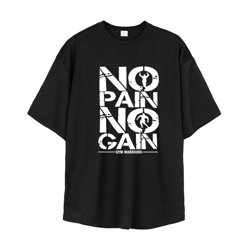 Muscleguys Men Running T-shirts NO PAIN NO GAIN Half Sleeve T Shirt Summer Oversized Dropped Shoulders Mesh Loose Tees Fitness Gym Clothing