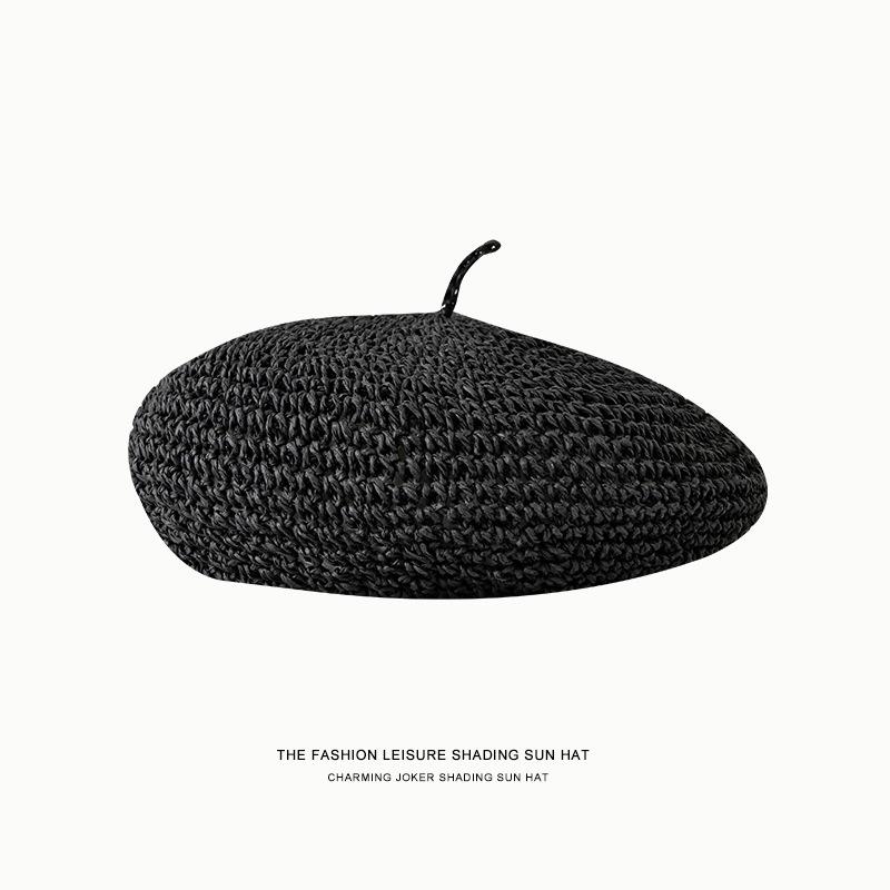 

Vintage Beret Cap Fashion Women Casual Straw Weaving Beret Hat for Women French Spring Summer Retro Beanie Caps Hot Solid Color 54-58cm чорний