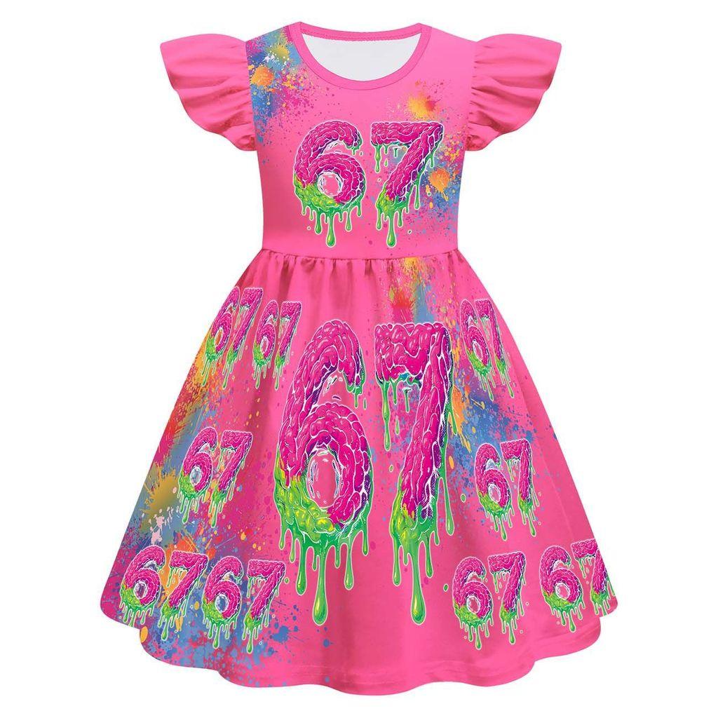 82886 Kids Girls Steal a Brainrot 67 Print Ruffle Sleeveless Princess Dress
