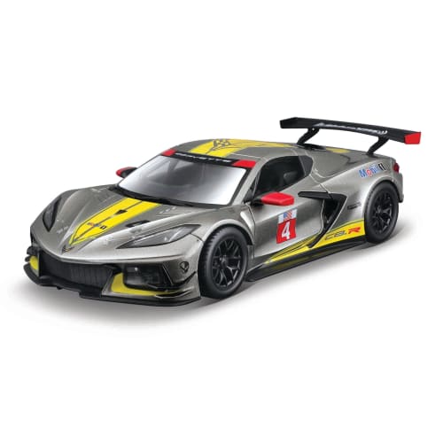 Bburago 1/24 scale diecast model of the 2020 Le Mans race car, Chevrolet Corvette C8R #4, gray. This 1:24 scale diecast model is a finished product of