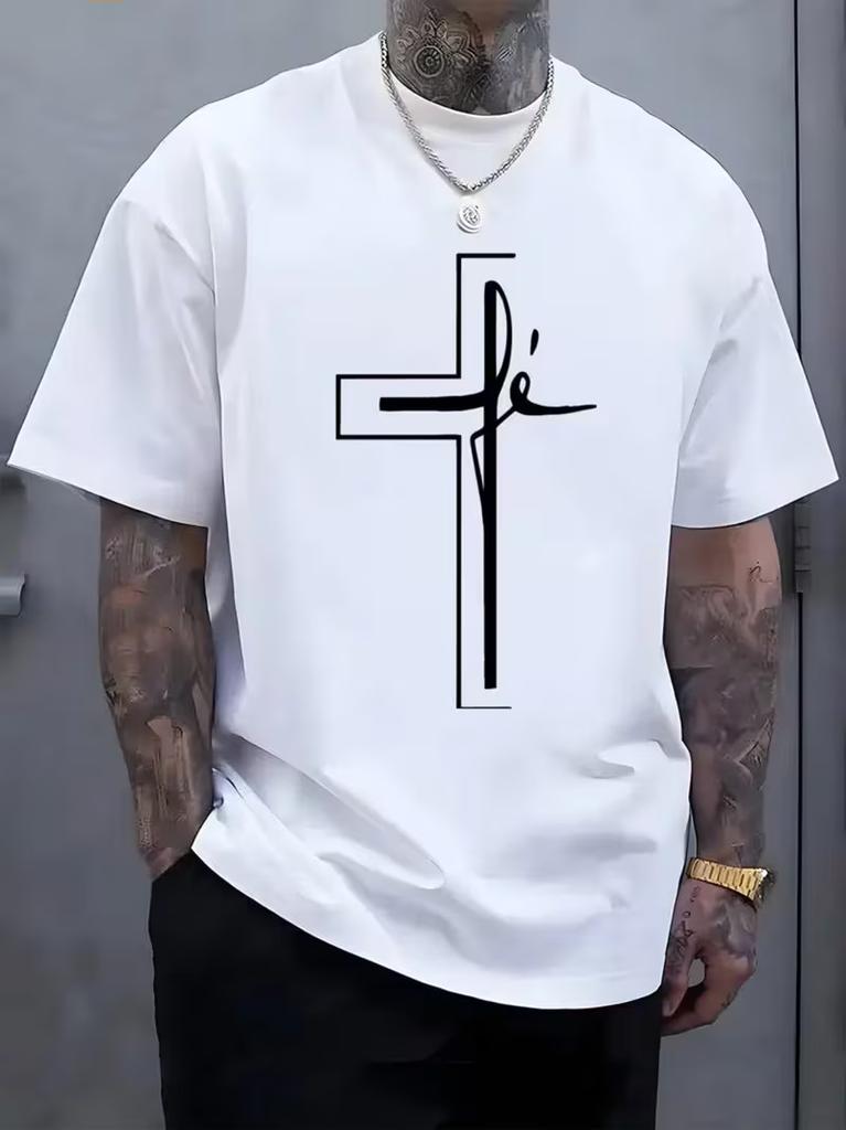 Mens 100 cotton cross line print t shirt summer casual crew neck tee top