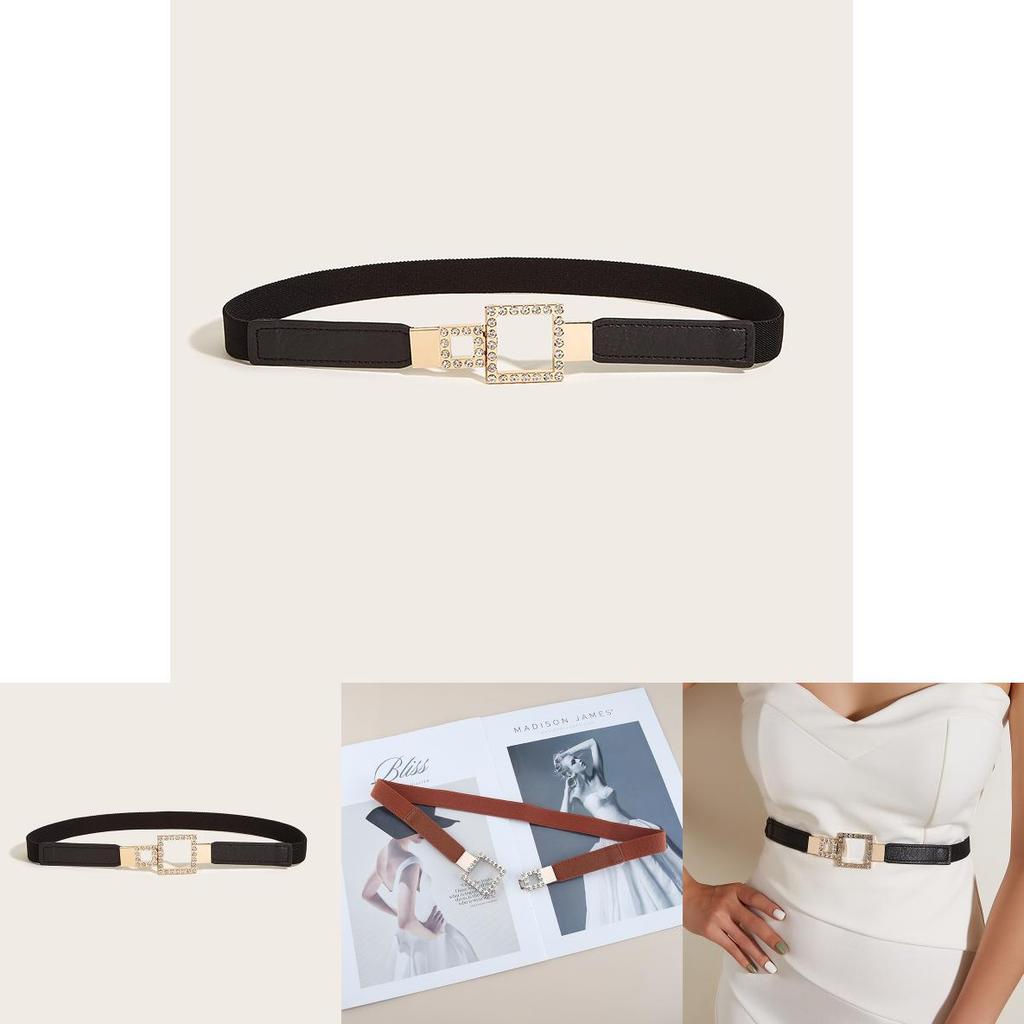 Pu Leather Stretch Waist Seal With Gemstone Embellished Buckle For Ladies