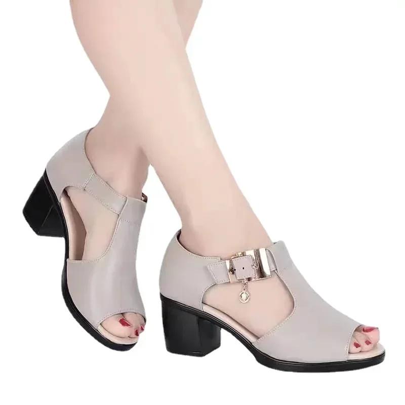 Women's Shoes 2024 Fish Mouth Shoes Women's Sandals Fashion Buckle Strap Daily Sandals Square Heel Women's High Heel Sandals