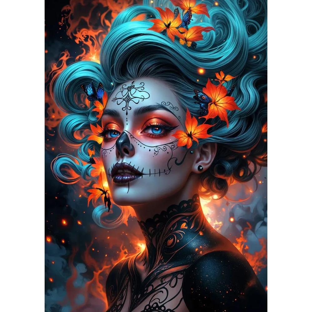Terrifying Los Muertos Sugarskull Girl with Flowers Posters Day of the Dead Prints Canvas Printing Wall Pictures Home Room Decor