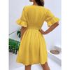 Vestidos casuales de cintura alta con cuello en V y mangas 1/2 con estampado de color sólido para verano y primavera a la moda para mujer