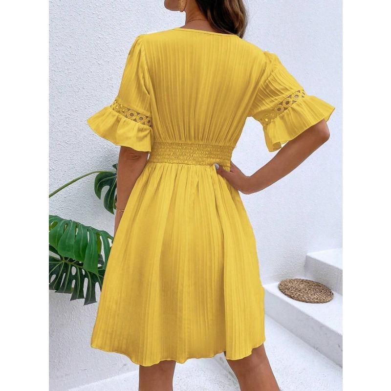 Vestidos casuales de cintura alta con cuello en V y mangas 1/2 con estampado de color sólido para verano y primavera a la moda para mujer