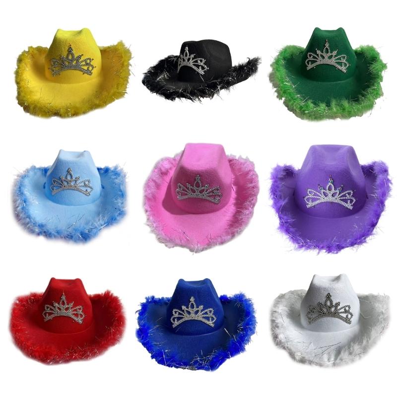Rhinestones Crown Cowgirl Hat for Woman Male Breathable Cowboy Hats with Plush Trim Banquets Party Photography Hat