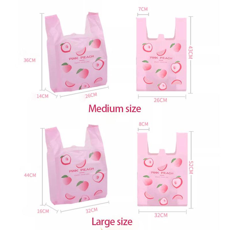 50pcs Disposable Peach Fruit Pattern Hand Bag Packaged Flower Takeaway Bags Snack Double Ear Plastic Vest Handle Shopping Pouch