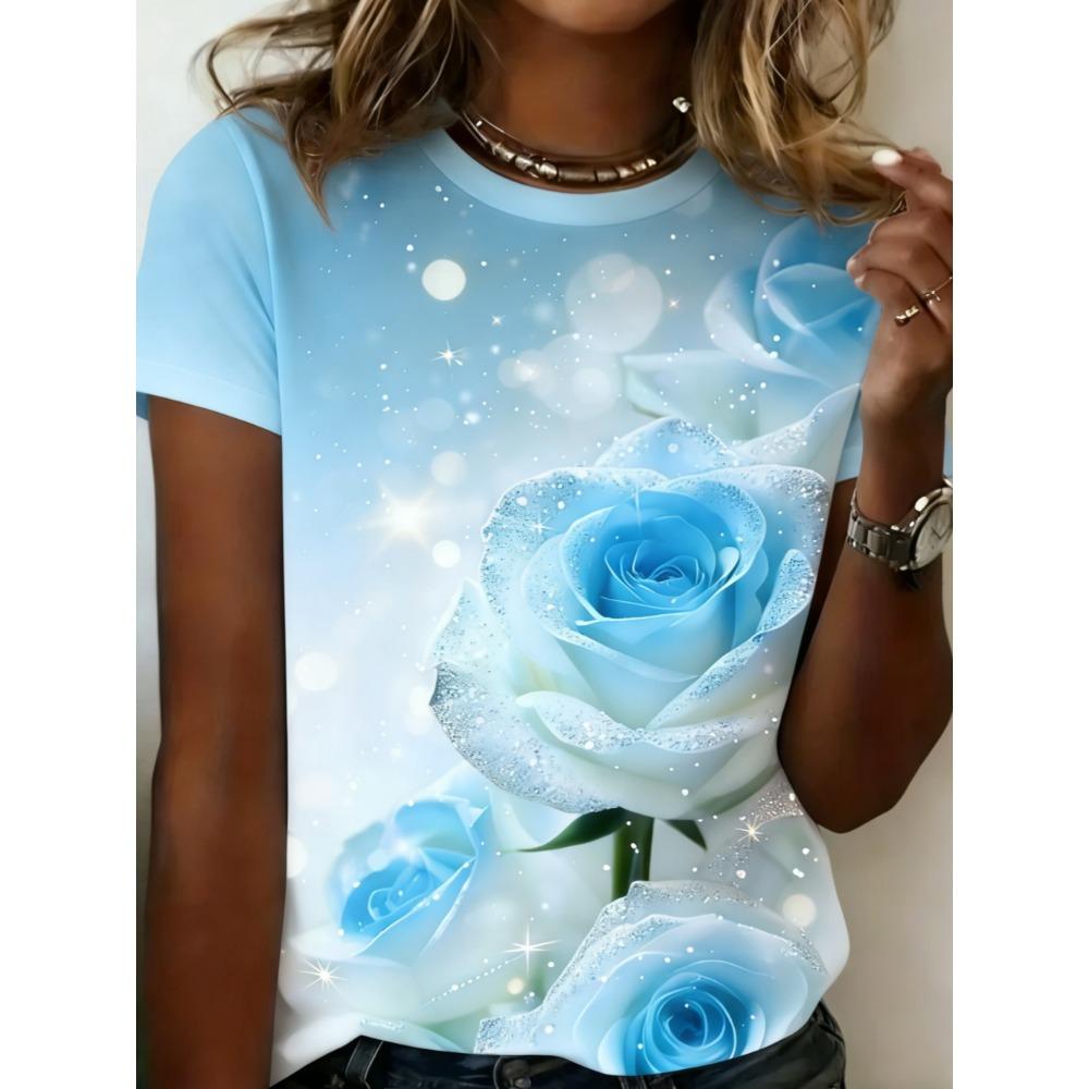 Damen Sommer Blumenprint Groß Locker Lässig T-Shirt Modisch Bequem Weich Atmungsaktiv Minimalistisch Täglich Kurzärmliges T-Shirt