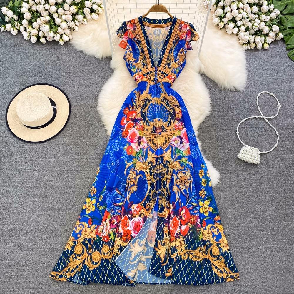 Fashion Runway Print Summer Dresses For Women Deep V Neck Flying Sleeve Single Breasted Split Long Pleated Chiffon Dresses