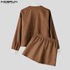 INCERUN 2PCS Men Two Pieces Striped Print Long Sleeve Buttons Shirts Short Pants Casual Sets