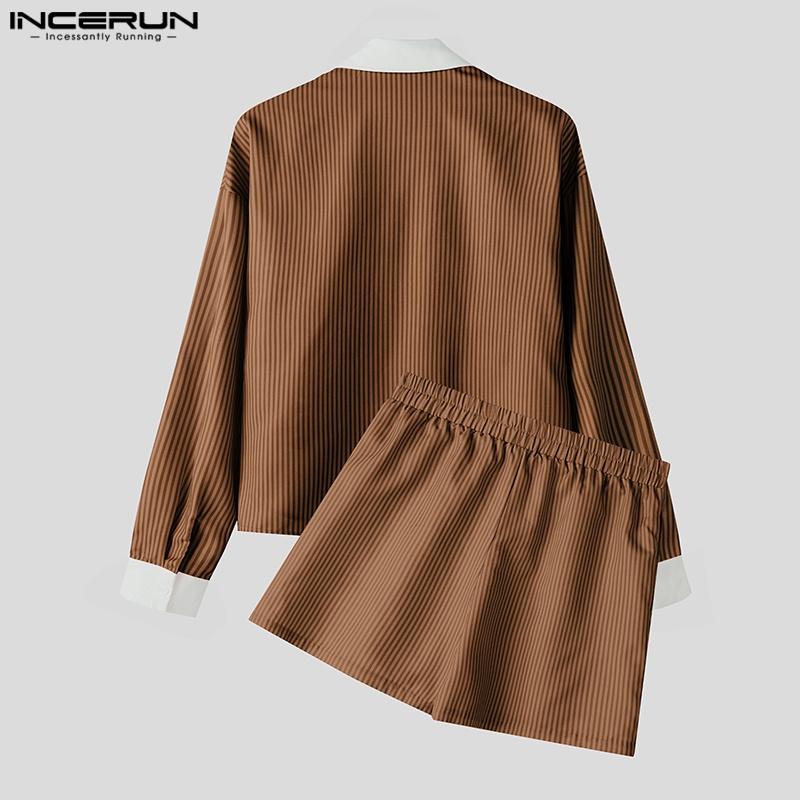 INCERUN 2PCS Men Two Pieces Striped Print Long Sleeve Buttons Shirts Short Pants Casual Sets