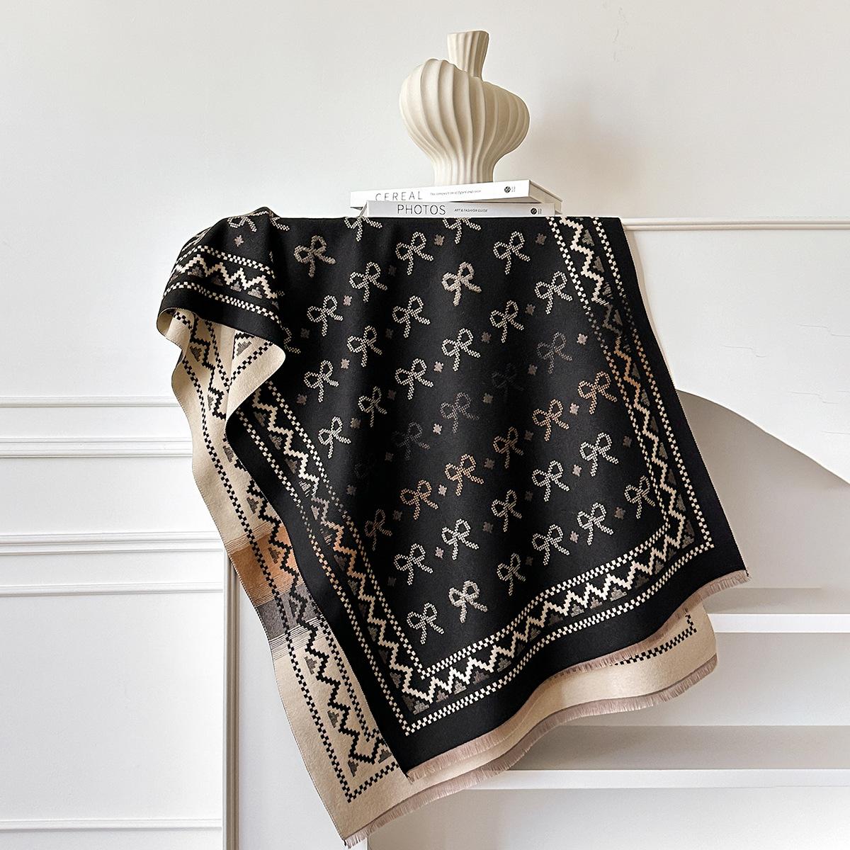 

Осенне-зимний шарф с бантом для пресбиопии, женский теплый шарф из имитации кашемира в сочетающихся цветах, двусторонний платок для кондиционера 185x65cm чёрный