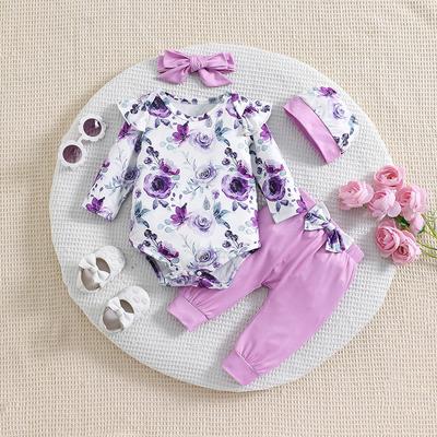 4pcs Baby Girl Floral Long Sleeve Bodysuit & Hairband & Casual Bowknot Pants & Hat Clothing Set