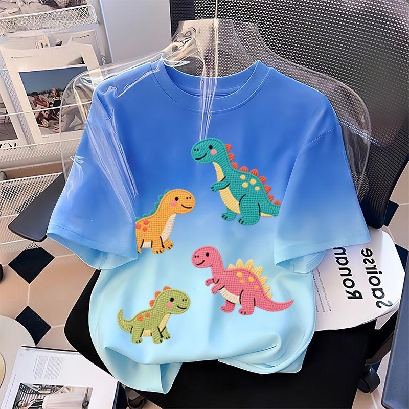 Girls' Fashionable Dinosaur Top - Summer Children's Casual Loose Pure Cotton T-shirt