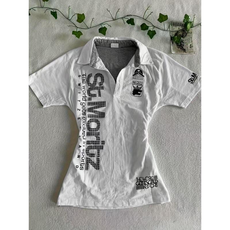 TrendHub Koszulka Y2k Polo Goth Punk Vintage Nadruk z literami Dopasowana Krótki rękaw Estetyczna Harajuku Streetwear Letnia Szykowana Grunge Emo Koszulka