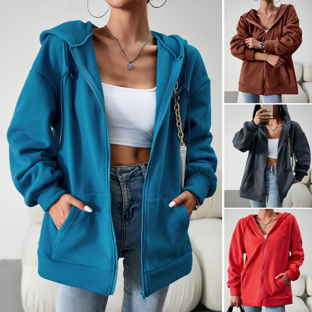 Ladies Spring Autumn Casual Long Sleeve Drawstring Hooded Zipper Solid Color Cardigan Hoodies Sweatshirt Top