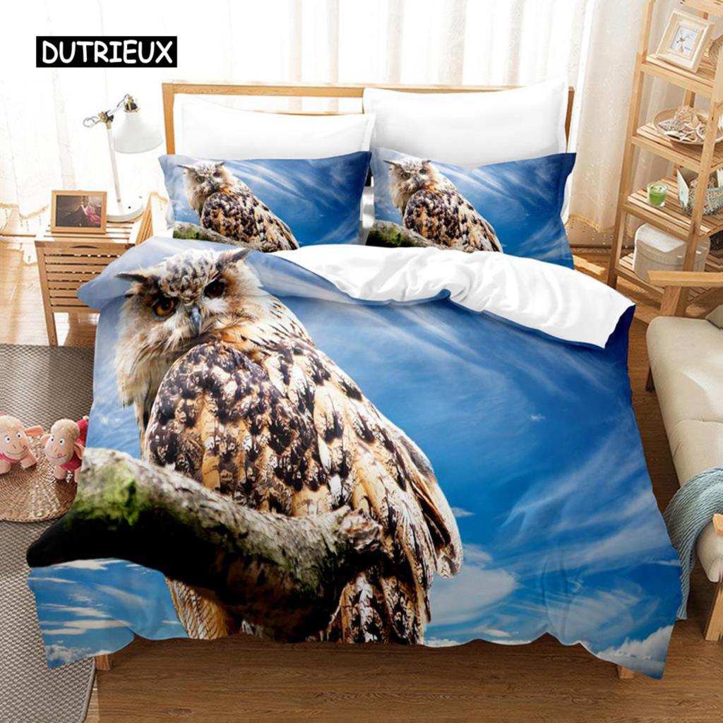 Owl Duvet Cover Set Microfiber Cute White Owl Comforter Cover Bird Animal Quilt Cover for Boys Teens Adults Double Queen Size