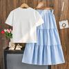 Girls' Fashionable Outfit - Summer Children's Bow-front Short-sleeved Top, Short-sleeved T-shirt, Casual Striped Skirt Set