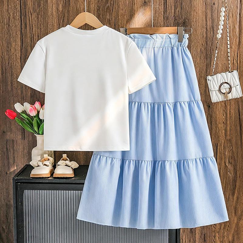 Girls' Fashionable Outfit - Summer Children's Bow-front Short-sleeved Top, Short-sleeved T-shirt, Casual Striped Skirt Set