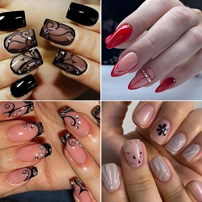 24/30Pcs Medium Fake Nail Set With Jelly Glue Gradient French Press On False Nail Elegantstyle Nails Full Cover Wearing False